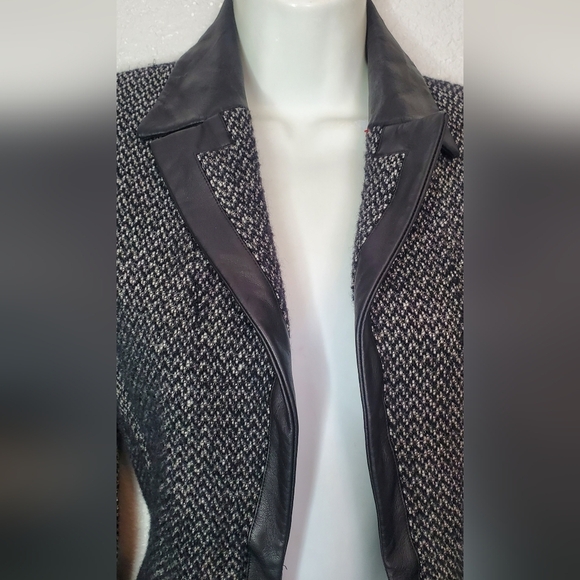 Wool & Genuine Leather Black & Gray Modern Blazer Jacket Notched - Picture 6 of 10